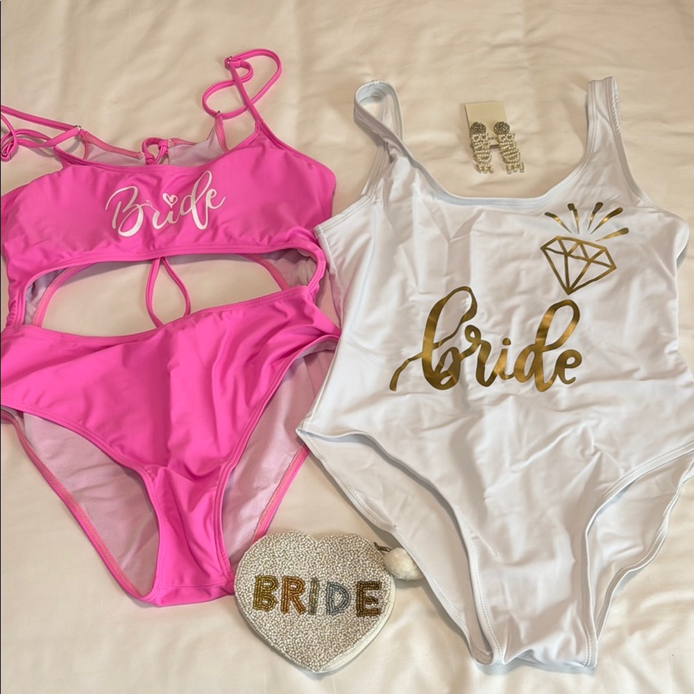 Pink and White Bride Swimsuit Set, Earrings, and Small Purse